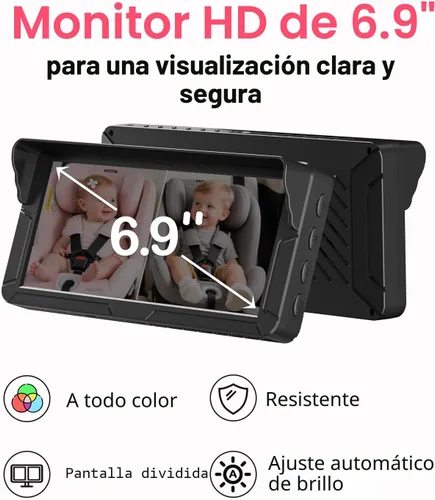Miniatura 8 de Rohent Cámara dual para automóvil de bebé para 2 niños: pantalla dividida HD de 6.9 pulgadas con brillo automático Cámara de asiento trasero
