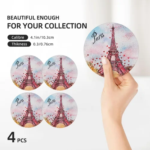 Miniatura 3 de París - Juego de 4 posavasos para bebidas, 4 pulgadas, acuarelas, estilo torre Eiffel, absorbentes de cerámica de diatomita, para mesa de centro