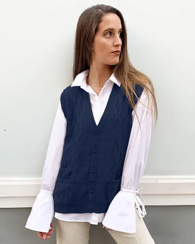 Miniatura 3 de Peru - Chaleco tipo cárdigan de lana de alpaca con cuello en V para mujer, talla S-4XL