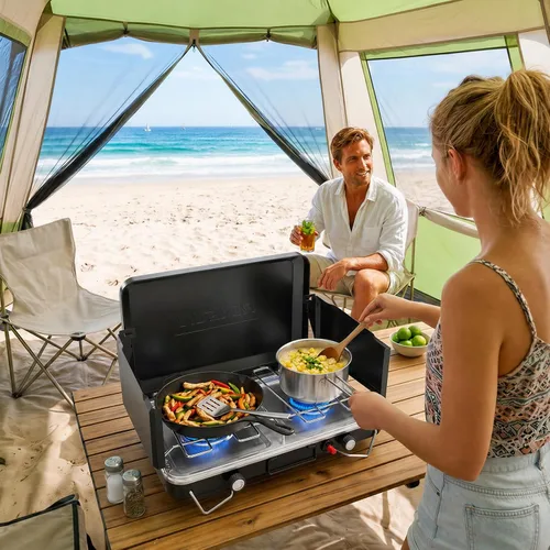 Miniatura 7 de ROVSUN Estufa de camping portátil de 2 quemadores con encendedor, estufa de campamento de propano de 20000 BTU con adaptador, mango integrado