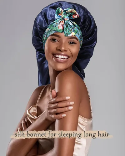 Miniatura 7 de Gorro largo de satén para trenzas, capó de seda para dormir, banda elástica para mujeres negras, cabello rizado Azul marino