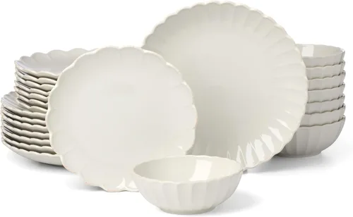 Miniatura 26 de Lenox Juego de vajilla de gres, vajilla francesa de 12 piezas para 4, color blanco perle festoneado, servicio para 4, apto para lavavajillas, juego