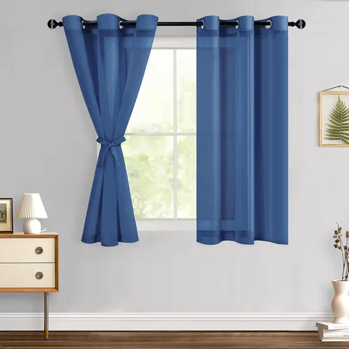 Miniatura 119 de Hiasan - Cortinas traslúcidas de gasa cortas semitransparentes con ojales y alzapaños filtrantes de luz para ventana, dormitorio, baño, 2 paneles