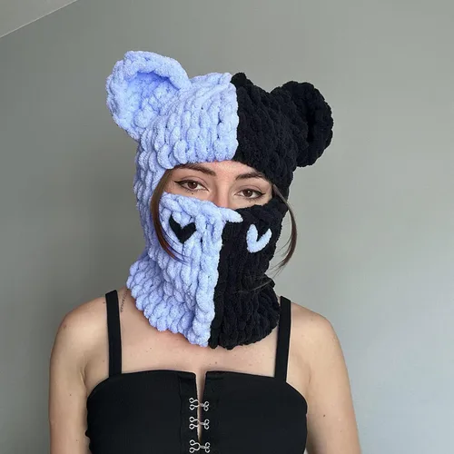 Miniatura 2 de Máscara de esquí de cara completa para mujer, pasamontañas de ganchillo para invierno, cálido, kawaii, con orejas de conejo, pasamontañas de punto
