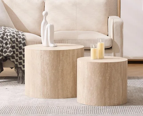 CIMOTA Juego de 2 mesas auxiliares redondas de madera, modernas mesas auxiliares circulares de travertino para sala de estar, color madera clara/sin