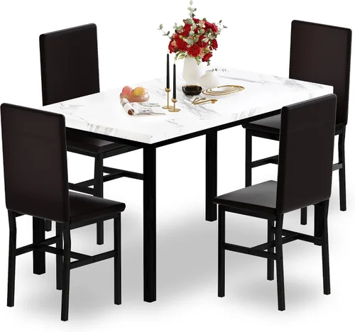 Juego de 4 mesas de comedor para 4, juego de 4 mesas y sillas de cocina de mármol sintético, juego de mesa de comedor moderno con 4 sillas de cuero