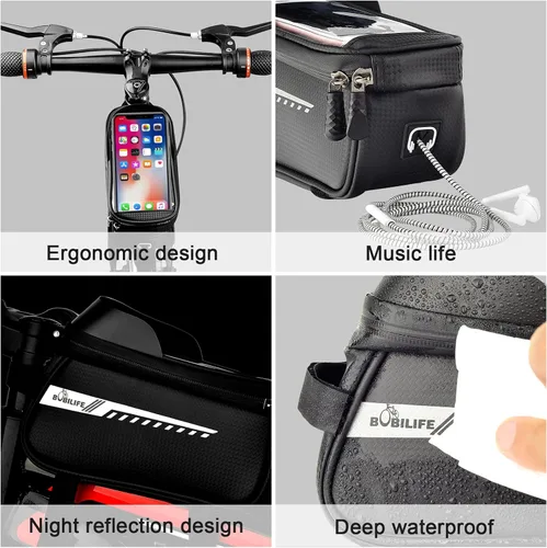Miniatura 5 de Bolsa para marco de bicicleta con soporte para teléfono celular, bolsa de tubo frontal impermeable para bicicleta con funda de teléfono compatible
