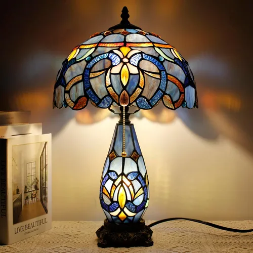 Miniatura 9 de Lámpara de Estilo Tiffany de Vidrio Manchado Azul Barroco de Mesa de 12X19 Pulgadas, Vaso Madre-Hija, Luz de Lectura para Escritorio, Decoración