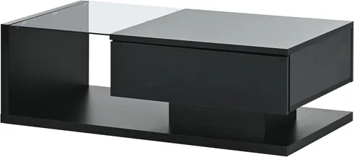 Miniatura 9 de Mesa auxiliar rectangular con vidrio templado, mesa moderna negra de dos niveles para sala de estar, mesa de centro de madera con cajón extraíble