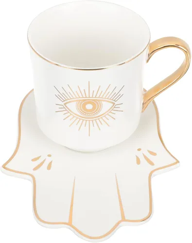 Zerodeko Taza de café de cerámica de estilo europeo con bandeja, White Evil, juego de tazas de café expreso, ideal para el hogar y la oficina, juego