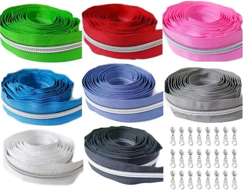 Miniatura 8 de Cremallera por Yarda 5# - Bobina Metálica de Nailon para Coser, Tapicería Plateada de 5 Yardas con 10 Tiradores de Oro Blanco para Manualidades
