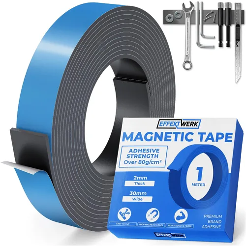 E•Werk - Rollo de cinta magnética - 3.3 pies / 3.3 ft - Tiras magnéticas extra gruesas y anchas con respaldo autoadhesivo fuerte - Fácil de cortar y