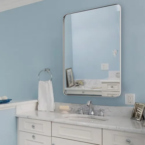 Miniatura 8 de ANDY STAR Espejo cromado para baño, espejo de pared con marco de metal de 30x36 pulgadas con esquina redondeada, espejo moderno rectangular