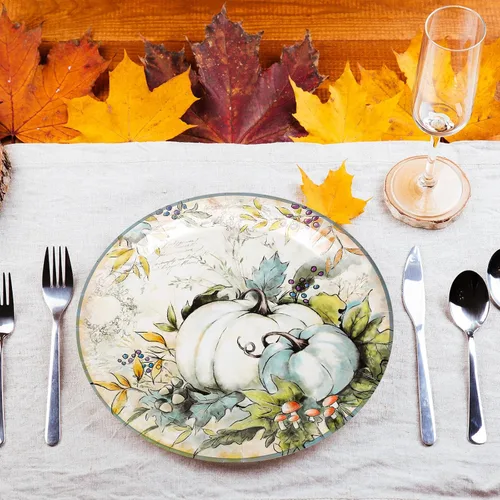 Miniatura 6 de AnyDesign 40 platos de papel de otoño, platos redondos desechables de calabaza verde azulado retro de 9 pulgadas, plato de postre para otoño