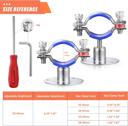 Miniatura 2 de 6 piezas de soportes de tubo para montaje en pared y techo, de acero inoxidable 304, adecuados para tubo con diámetro exterior de 15-19 mm, altura