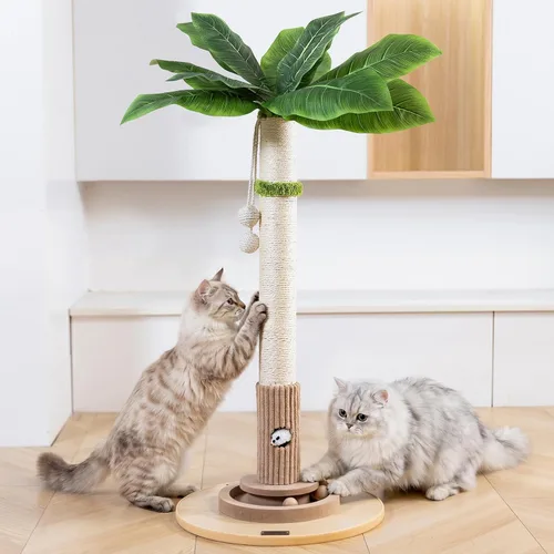 Miniatura 7 de WOOCHPET Rascador para gatos de interior de 35 pulgadas de alto, rascador de sisal para gatos con juguete de ratón y bolas de pista, base de madera