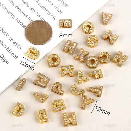 Miniatura 3 de AUEAR, paquete de 26 dijes de letras del alfabeto de 8 mm con diamantes de imitación completos, cristal, color dorado, para pulseras, collares