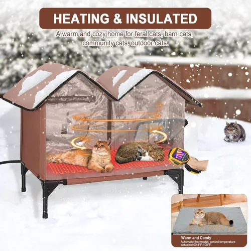 Miniatura 2 de Casa climatizada para gatos para exteriores en invierno, casa elevada para gatos al aire libre, resistente a la intemperie, puerta de escape