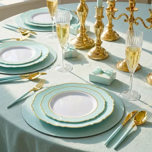 Miniatura 4 de WDF 30Guest - Platos de plástico verde menta y cubiertos desechables de plástico dorado con mango verde, vajilla barroca de plástico verde y dorado