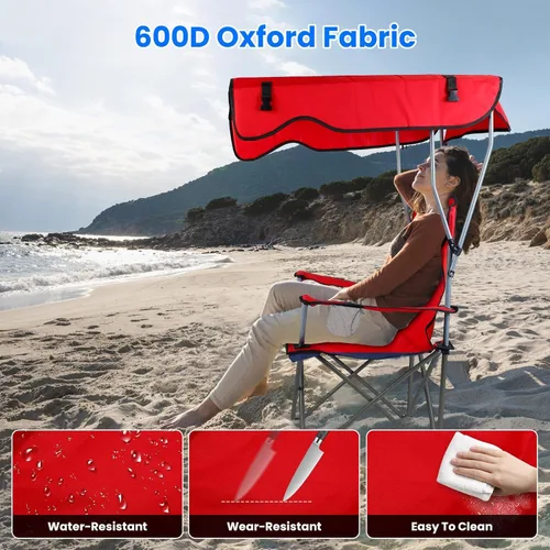 Miniatura 4 de Silla de camping con dosel, silla plegable al aire libre con pantalla ajustable y soporte para tazas, silla de playa resistente para adultos, Rojo