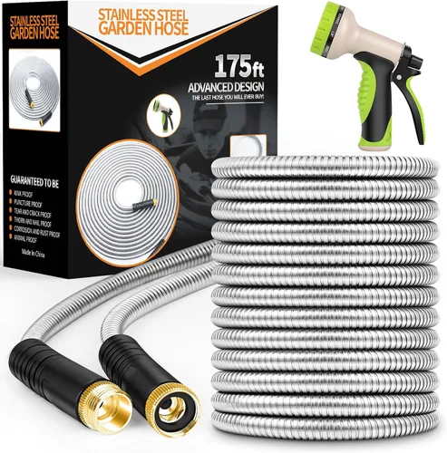 Miniatura 9 de Unywarse Manguera de jardín de 100 pies, manguera de agua resistente de acero inoxidable con boquilla de 10 funciones, flexible, ligera, sin