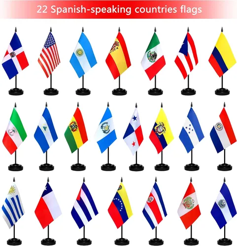 Miniatura 4 de TSMD Juego de banderas de escritorio de habla hispana de 22 países, pequeñas mini banderas latinoamericanas de oficina para decoración del mes
