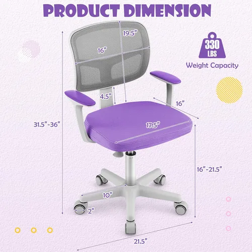 Miniatura 3 de GLACER Silla de escritorio para niños, silla de estudio giratoria de malla ajustable con ruedas, brazos, silla ergonómica para computadora