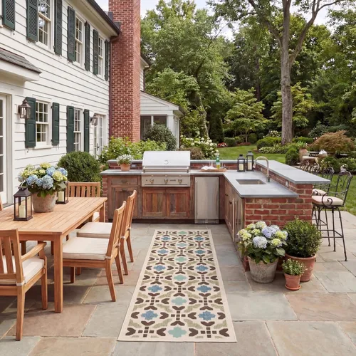 SAFAVIEH Alfombra lavable al aire libre Veranda Collection – Alfombra de pasillo de 2 pies 3 x 8 pies, color crema y aguamarina, no desprende pelusa