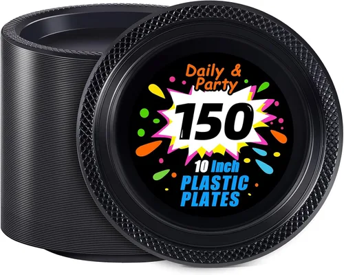 Miniatura 25 de WELLIFE Platos de postre negros de 7 pulgadas, 150 unidades, platos de postre de plástico desechables para fiestas, pasteles, aperitivos, ensaladas