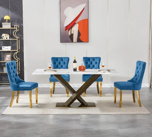 Miniatura 3 de Juego de mesa de comedor de mármol blanco de lujo para 4, 70 pulgadas, mesa de comedor de mármol blanco con 4 sillas de terciopelo azul y base