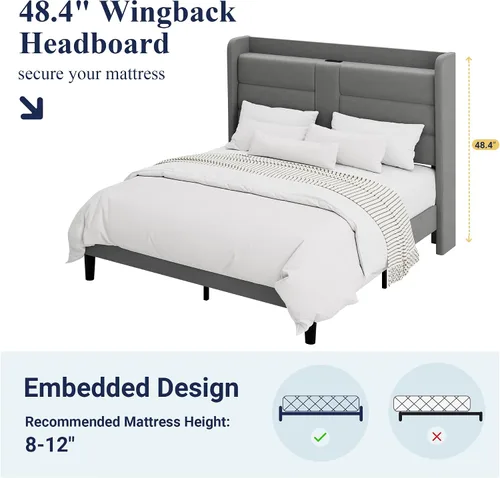 Miniatura 7 de Allewie Base de cama de plataforma tamaño Queen con estación de carga y cabecera de almacenamiento, diseño tapizado de terciopelo con respaldo y Gris