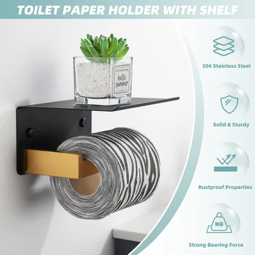 Miniatura 7 de Soporte de papel higiénico con estante para teléfono, color negro y dorado, dispensador de rollos de papel de acero inoxidable APLusee 304