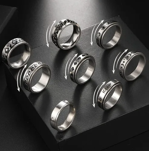 Miniatura 6 de Anillos antiestrés de acero inoxidable para hombres, anillos plateados para ansiedad para mujeres, juego de anillos giratorios geniales, paquete