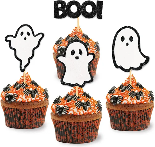 Miniatura 16 de 24 piezas de adornos de Halloween para cupcakes fantasmas, palillos de revelación de género para niños y niñas, adornos para tartas rosas y azules