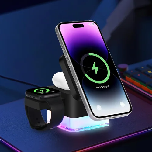 Miniatura 5 de Cargador inalámbrico 3 en 1 Apple-estación de carga, cubo de lámpara de luz nocturna, soporte de cargador magnético de 15 W, base de carga plegable