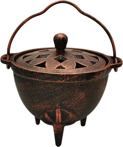 Miniatura 10 de YIMIFLA Quemador de incienso caldero de hierro fundido con tapa Witchcraft de 4.9 pulgadas, perfecto para quemar carbón, resina de incienso, manchas