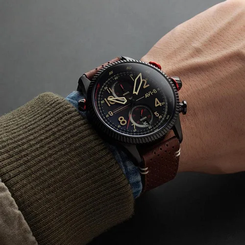 Miniatura 6 de AVI-8 Mens 43mm Hawker Hunter Duke Chronograph Japanese Meca-Quartz Pilot Watch with Leather Strap AV-4080