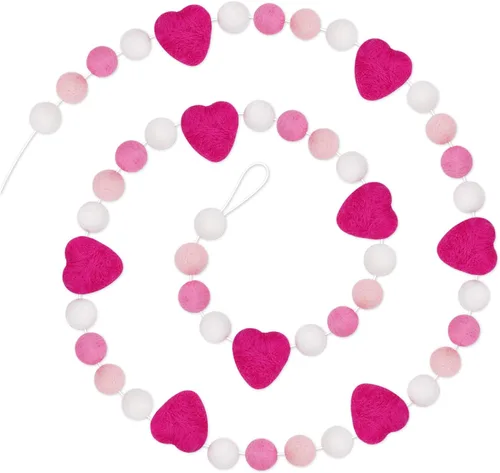 Whaline Guirnalda de bolas de fieltro para el día de San Valentín, 49 bolas, pancartas de corazón, color rosa y blanco, adorno colgante esponjoso