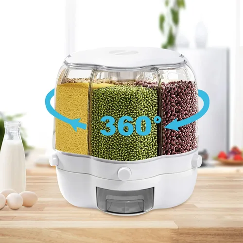 Miniatura 2 de Dispensador de arroz giratorio grande con 6 rejillas de almacenamiento de cereales, cubo de arroz blanco, contenedor de arroz integral con tapa