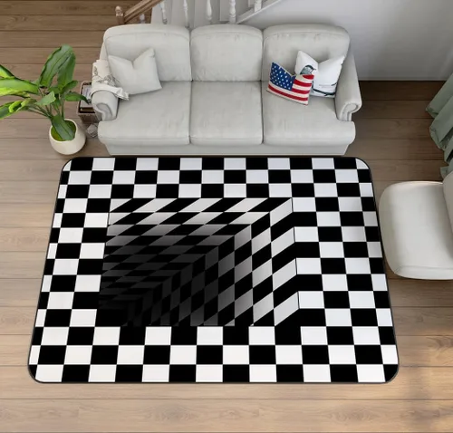 Miniatura 30 de Alfombra de ilusión óptica 3D azul y verde, patrón geométrico de remolino, para dormitorio, sala de estar, decoración de interiores, 63 x 47