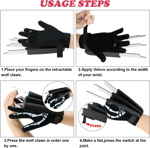 Miniatura 7 de Garras retráctiles de lobo con guantes de esqueleto para Halloween, guantes de pata de lobo aterradores, guantes de payaso, garras, guantes