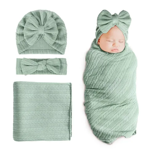 Miniatura 8 de DRESHOW BQUBO Manta de recepción para recién nacido, cálida para niñas con sombrero de lazo y diadema de lazo, regalo para baby shower 1 juego