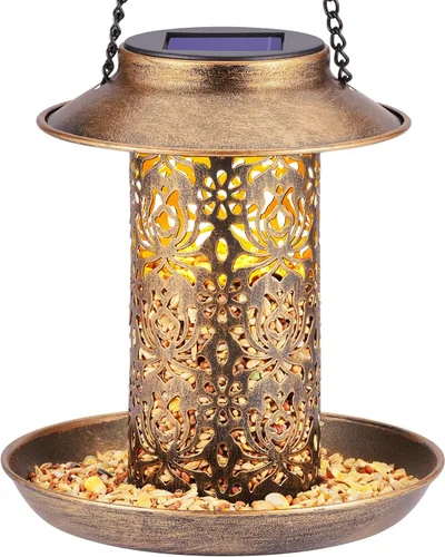 SWEETFULL Comedero Solar para Pájaros para Exteriores Colgante, Comedero de Metal para Pájaros Silvestres para Cardenales, Farol Solar de Jardín con
