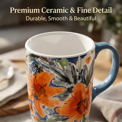 Miniatura 3 de Topadorn Taza de café de cerámica de 17 onzas con tapa y caja de regalo, taza de té de porcelana geométrica floral naranja acuarela, apta