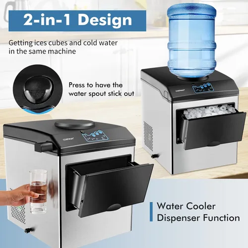 Miniatura 4 de COSTWAY Dispensador de agua integrado para máquina de hielo 2 en 1, 48 libras por día, cubo de hielo de tamaño S/M/L, cesta de almacenamiento