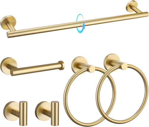 TQKAG Juego de Herrajes de Baño de Oro Cepillado de 6 Piezas Juego de Accesorios de Baño Barra de Toallas Redonda de Acero Inoxidable de 23.6
