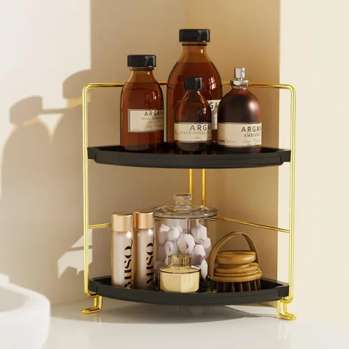 Miniatura 3 de Estante esquinero para especias de 2 niveles, organizador de maquillaje, apilable, soporte para cosméticos, estante de mostrador para baño, cocina