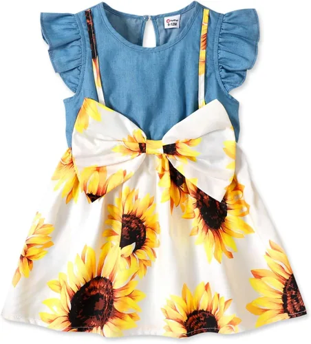 PATPAT Vestidos de verano sin mangas para niña pequeña, ropa de verano para bebé, mezclilla con lazo, falda floral, vestido de verano de 3 a 24 meses