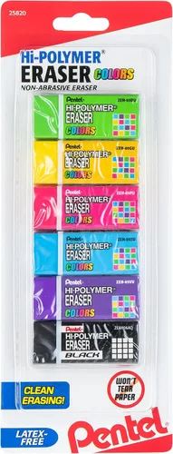 Pentel, borrador de bloque de alto polímero, colores pequeños, colores surtidos, paquete de 6 (ZEH05CRBP6M)