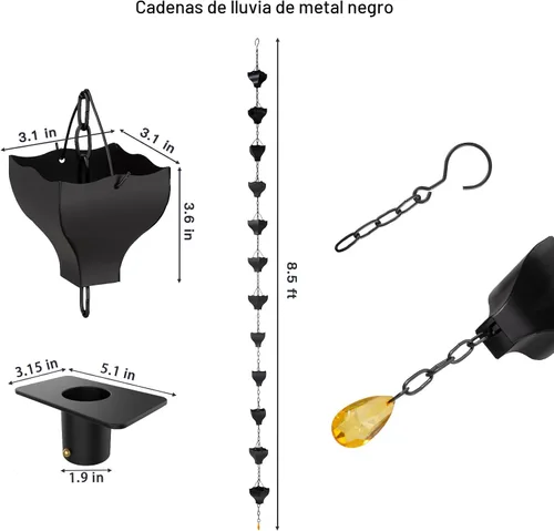 Miniatura 5 de Rifachua Cadena de lluvia negra de 8.5 pies para canaletas y bajantes exteriores, Cadenas de lluvia de copas negras tipo barril, Reemplazo funcional